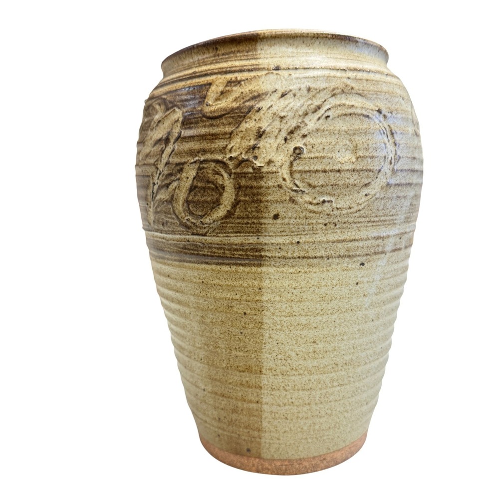 Vintage Studio Pottery Stoneware Vase Hand Carved Ribbed Earth Tones Signed 11in